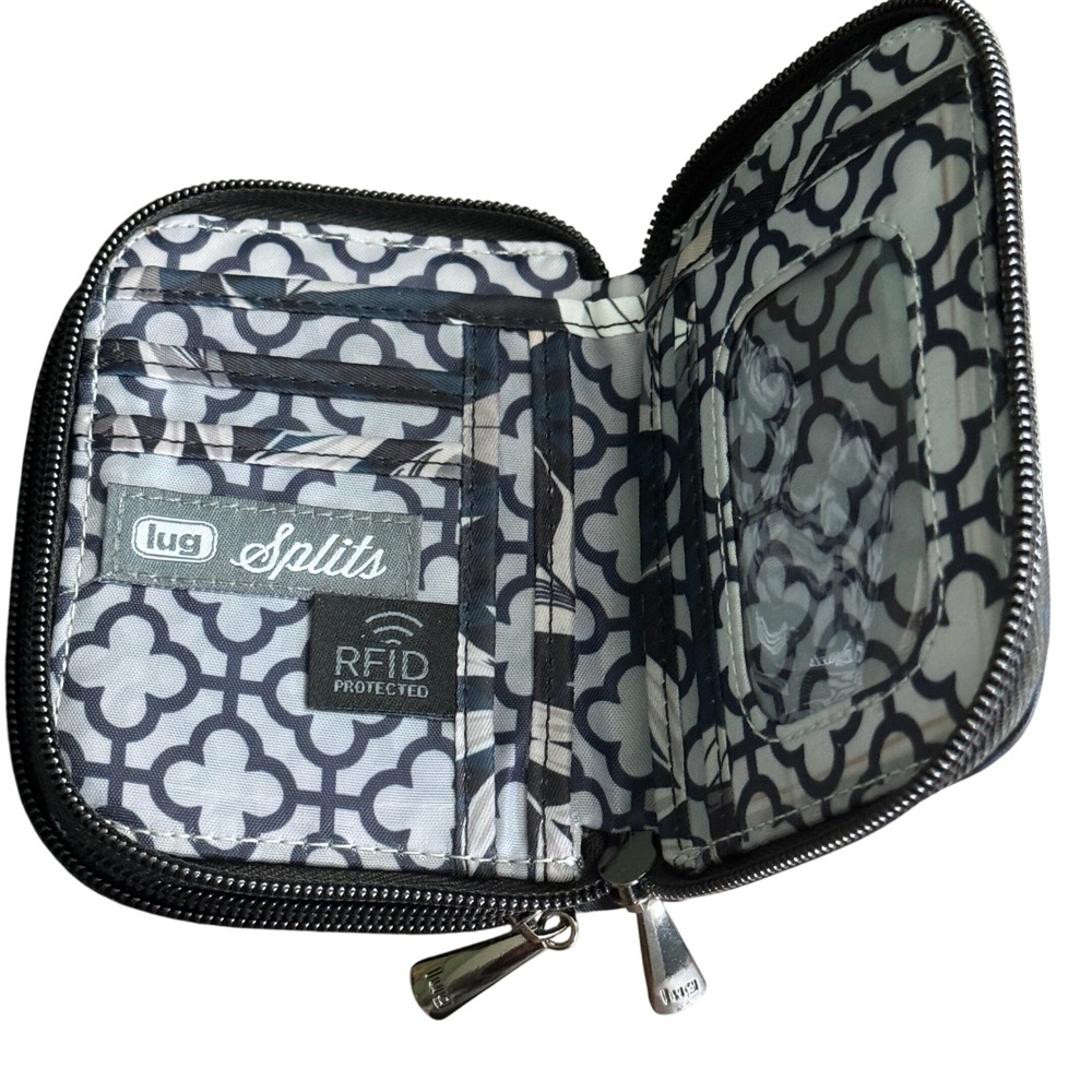 Lug Splits Compact RFID Protected Wallet Quilted Floral Black Cream Zip Around - Picture 4 of 4